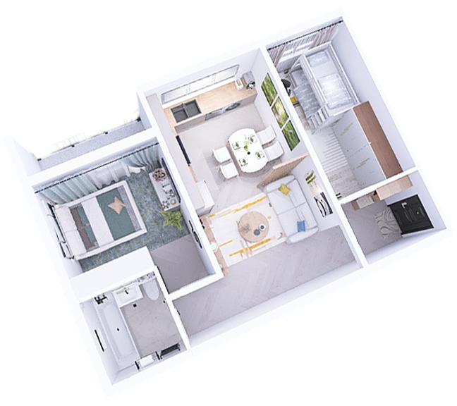 Randare 3D cu apartament nou 1 camera in Suceava, compartimentare inteligenta Ovimansard