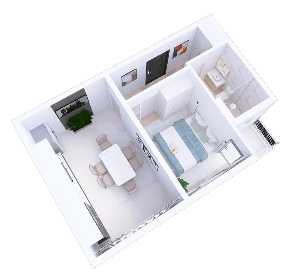 Randare 3D apartament 1 camera in Suceava, ansamblul rezidential Ovimansard, design modern