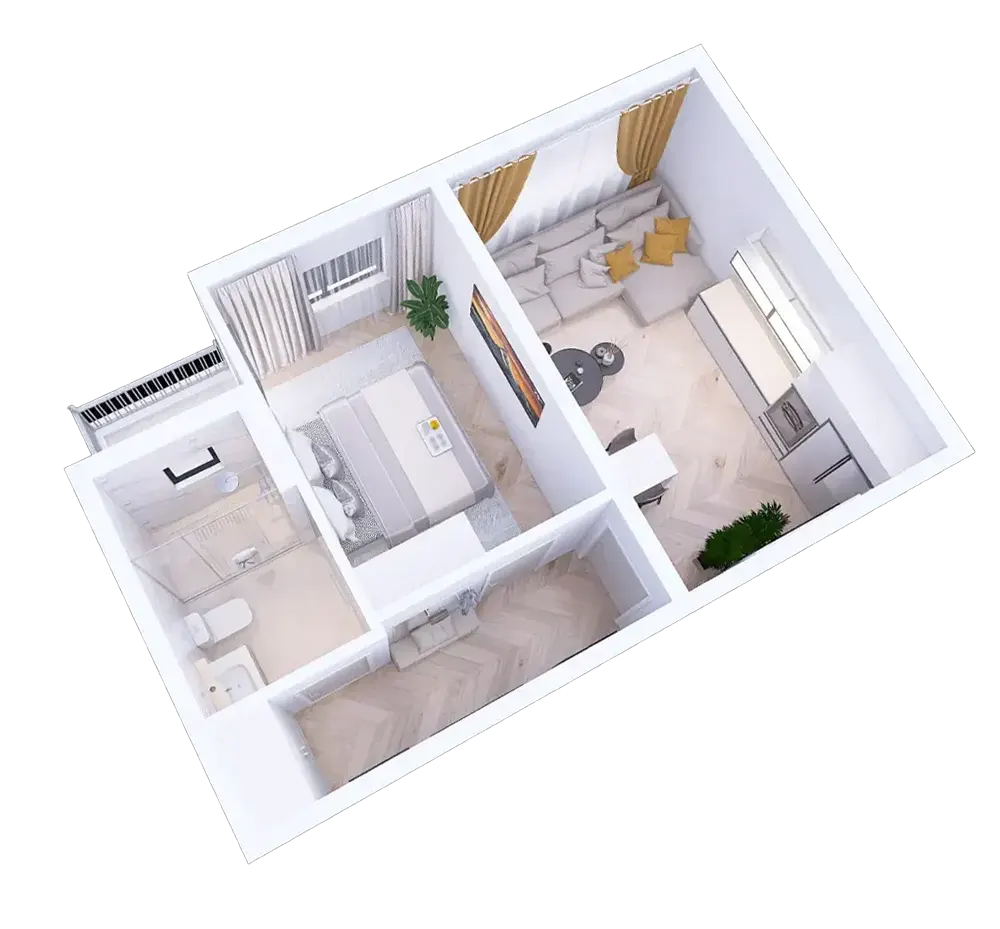 Randare 3D apartament 2 camere in Suceava, ansamblul rezidential Ovimansard