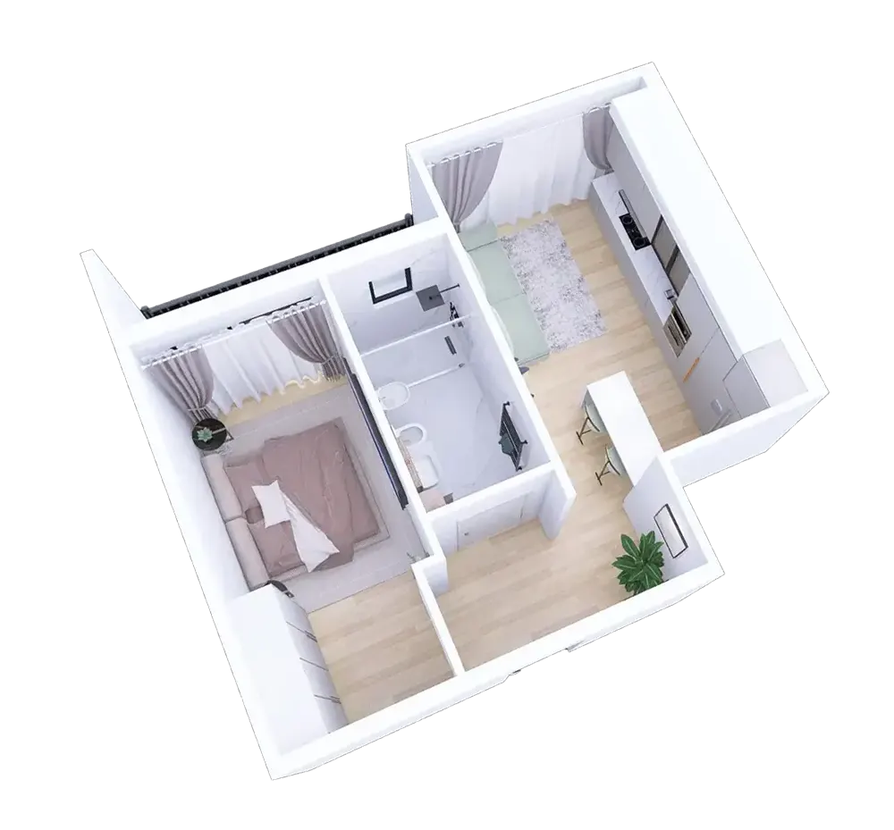 Compartimentare apartament nou 2 camere in Suceava, randare 3D Ovimansard