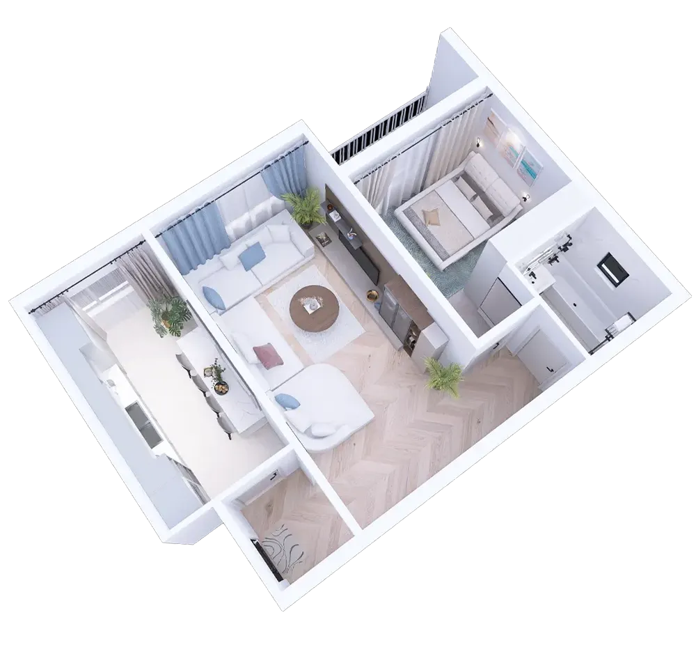 Interior modern apartament nou 2 camere in Suceava, randare 3D Ovimansard