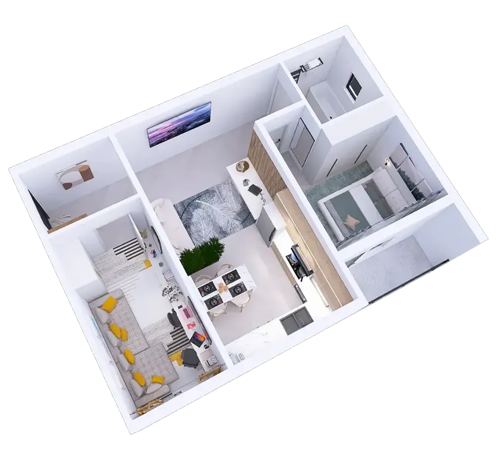 Randare 3D apartament 3 camere in Suceava, ansamblul rezidential Ovimansard