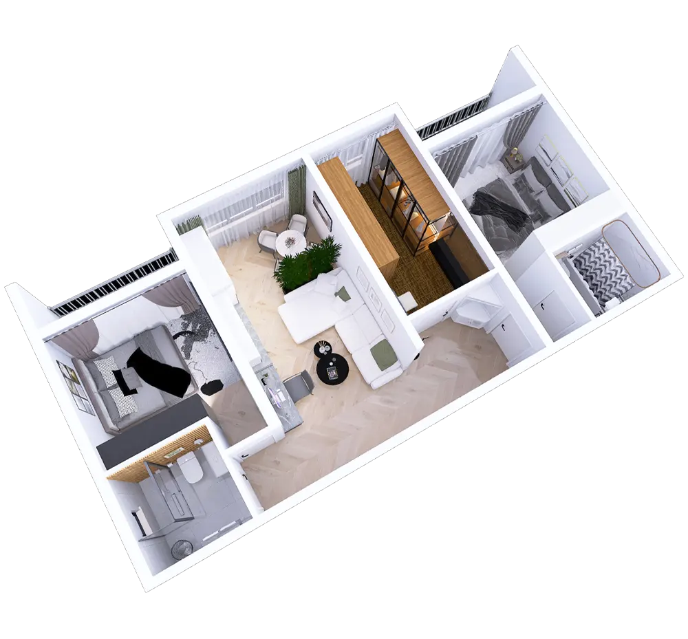 Interior modern apartament nou 3 camere in Suceava, randare 3D Ovimansard